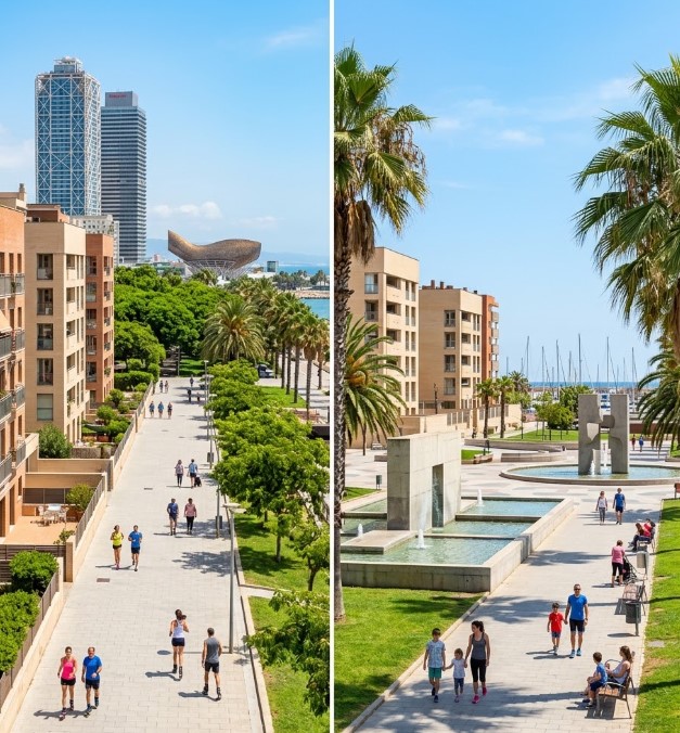 Vistas de las plazas, avenidas modernas, zonas verdes y el entorno residencial del barrio